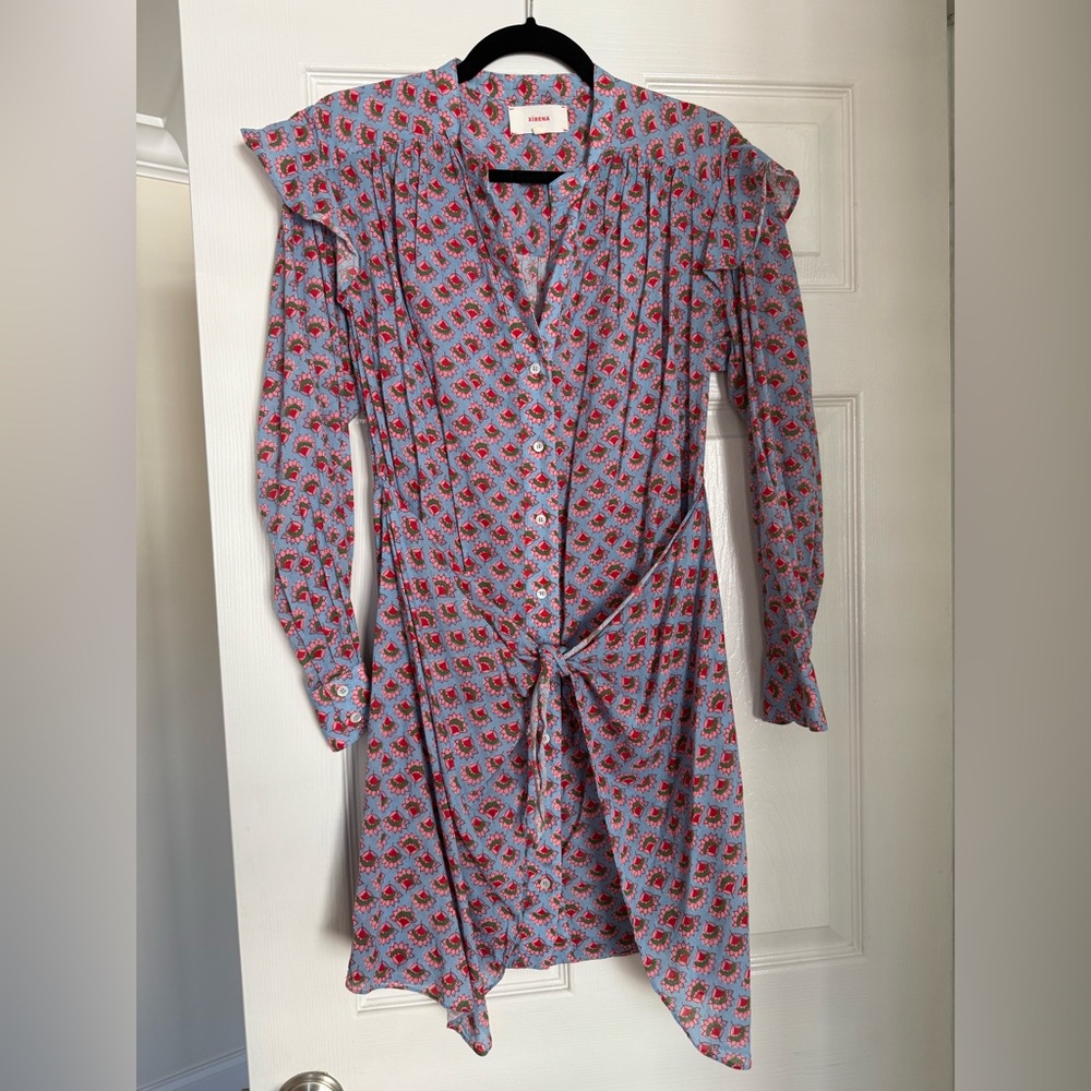 XiRENA Blue Floral Long Sleeve Tie-Waist Dress